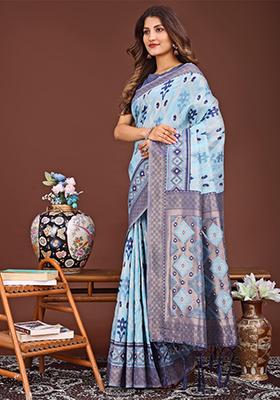 Sky Blue Woven Cotton Blend Saree Set