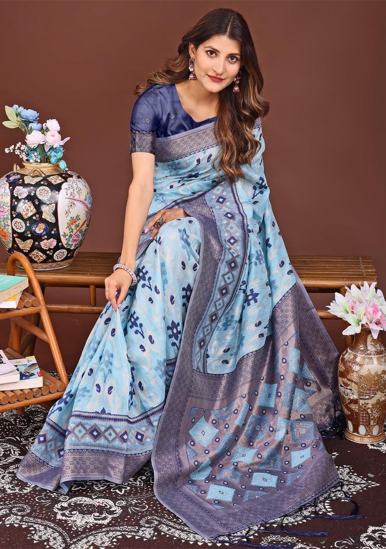Sky Blue Woven Cotton Blend Saree Set