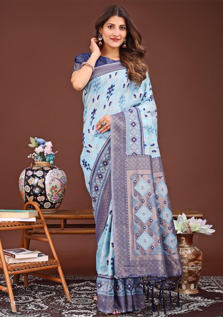 Sky Blue Woven Cotton Blend Saree Set