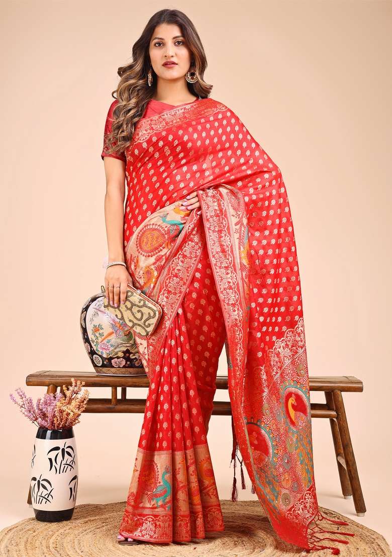 Red Woven Cotton Blend Saree Set - Indya