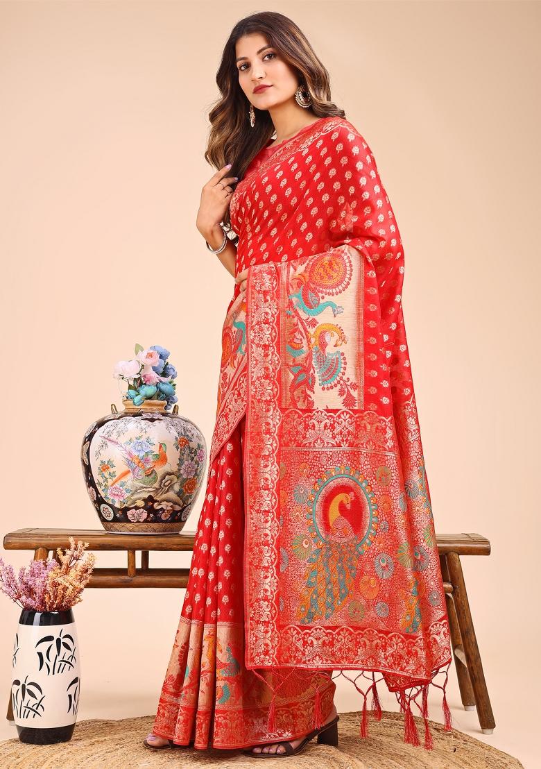 Red Woven Cotton Blend Saree Set