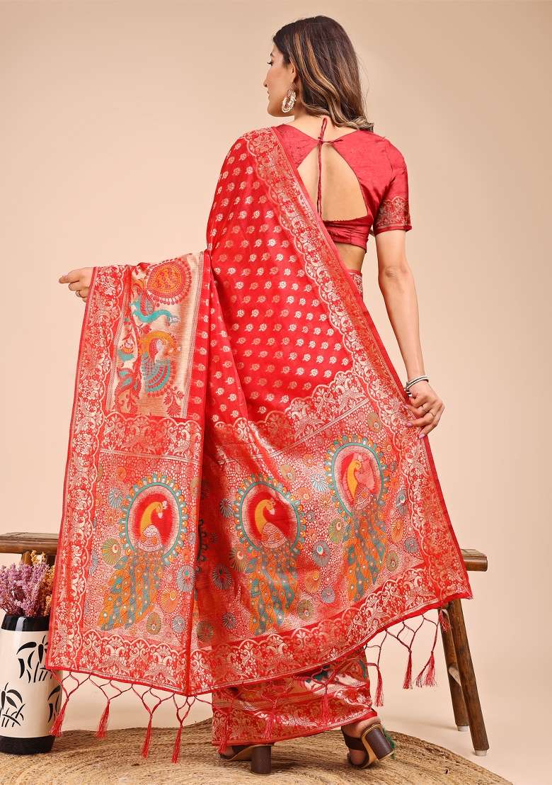 Red Woven Cotton Blend Saree Set - Indya