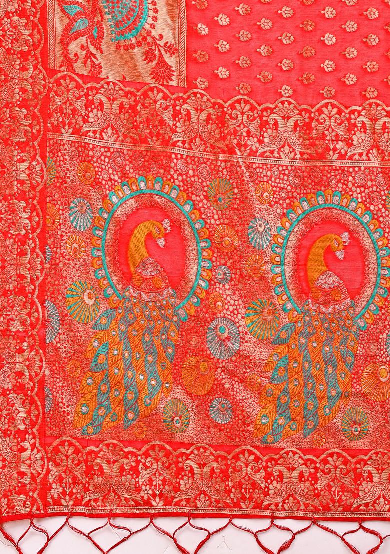 Red Woven Cotton Blend Saree Set