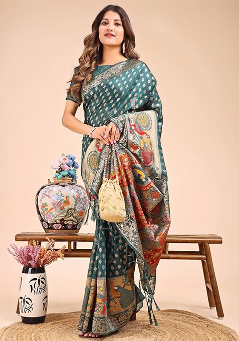 Green Woven Cotton Blend Saree Set
