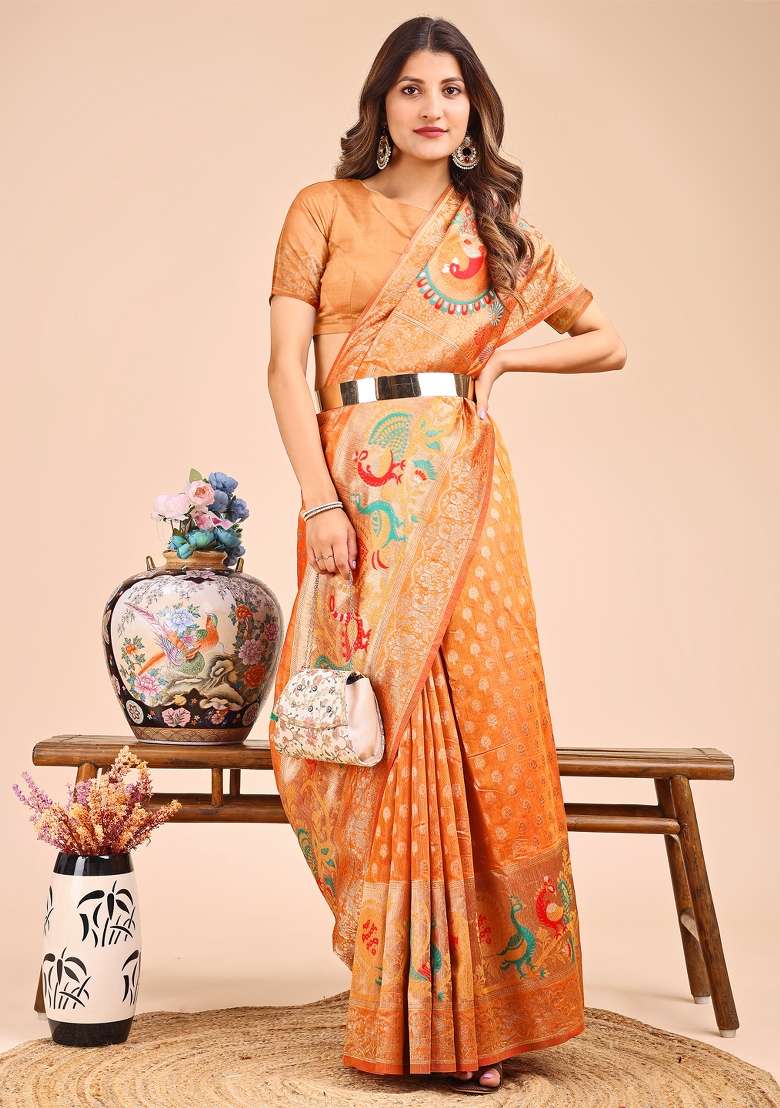 Mustard Yellow Woven Cotton Blend Saree Set - Indya