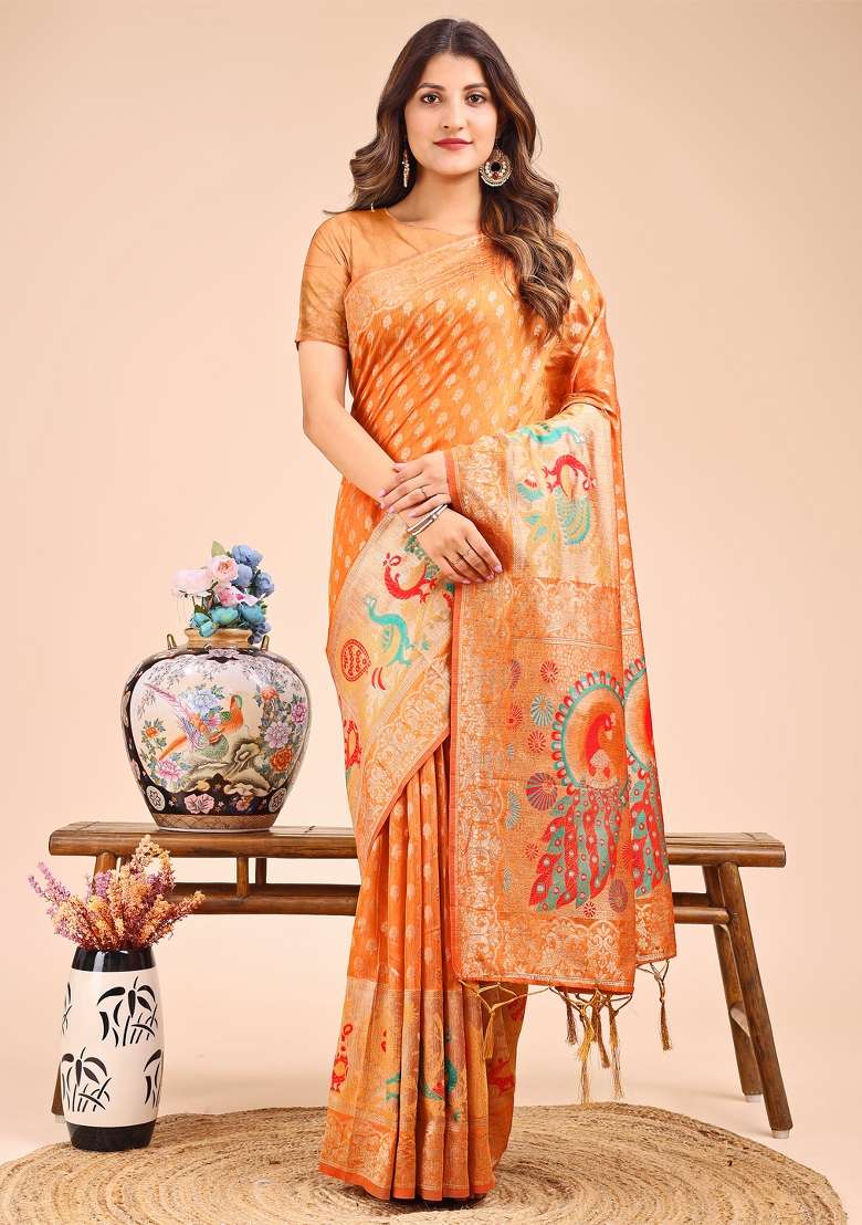 Mustard Yellow Woven Cotton Blend Saree Set - Indya
