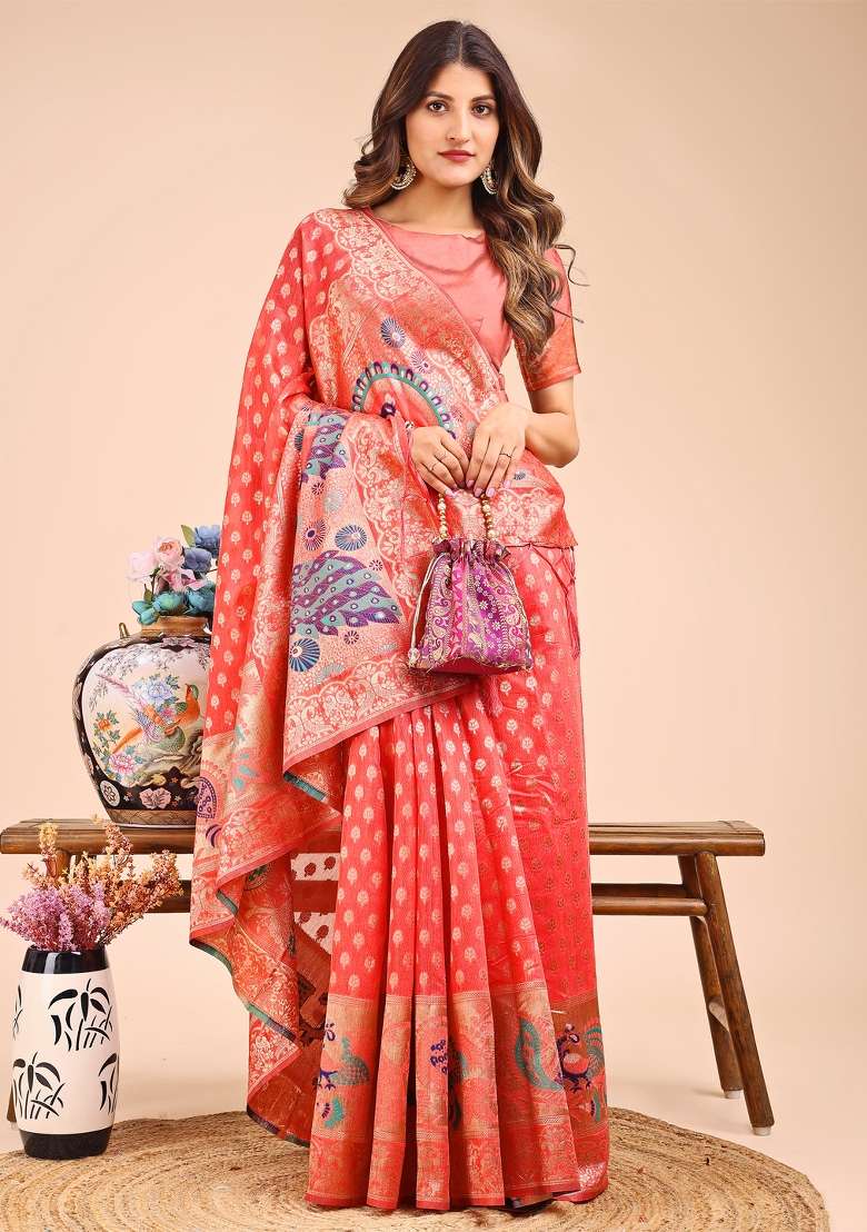 Peach Woven Cotton Blend Saree Set - Indya