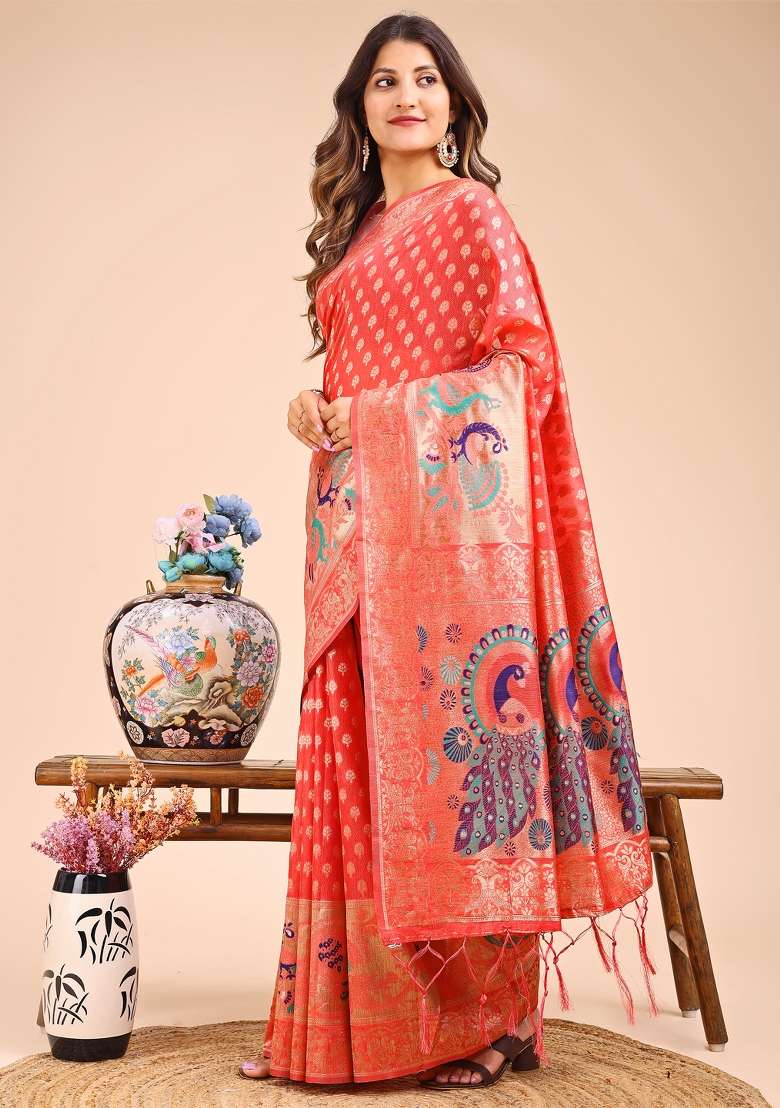 Peach Woven Cotton Blend Saree Set - Indya