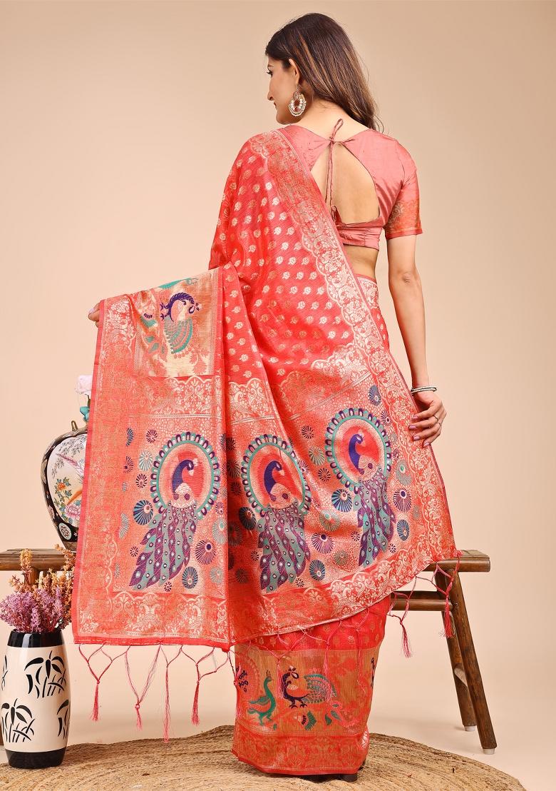 Peach Woven Cotton Blend Saree Set