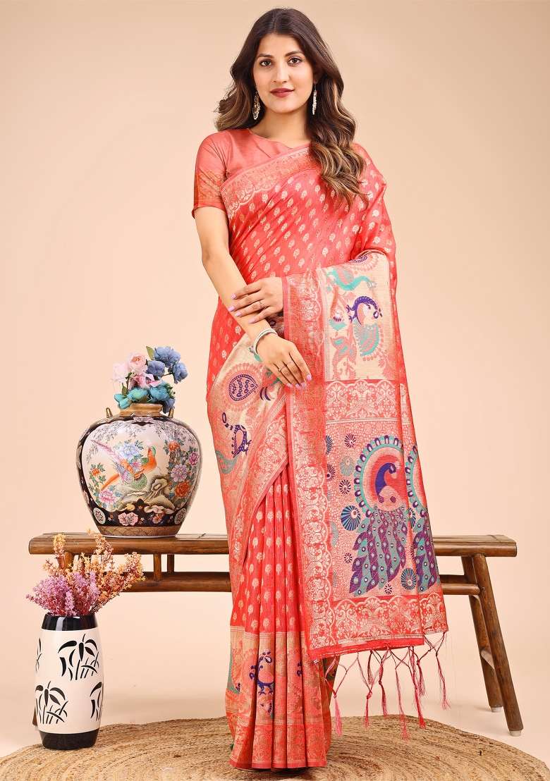 Peach Woven Cotton Blend Saree Set - Indya