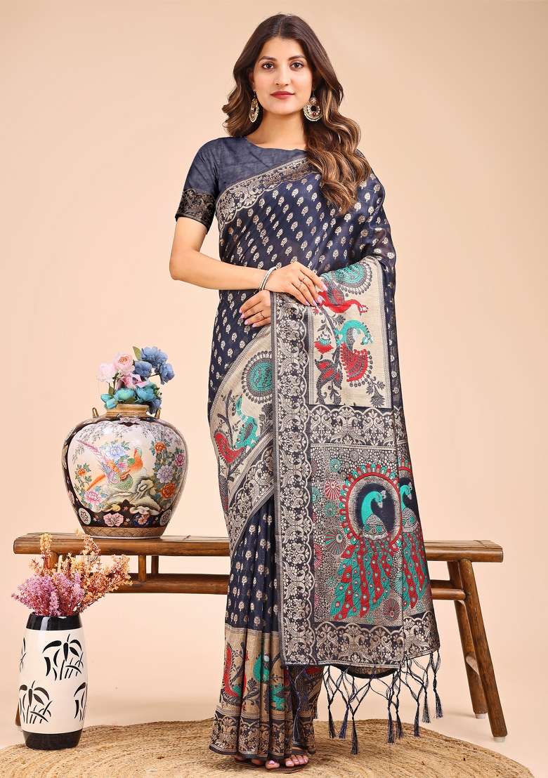 Navy Blue Woven Cotton Blend Saree Set - Indya