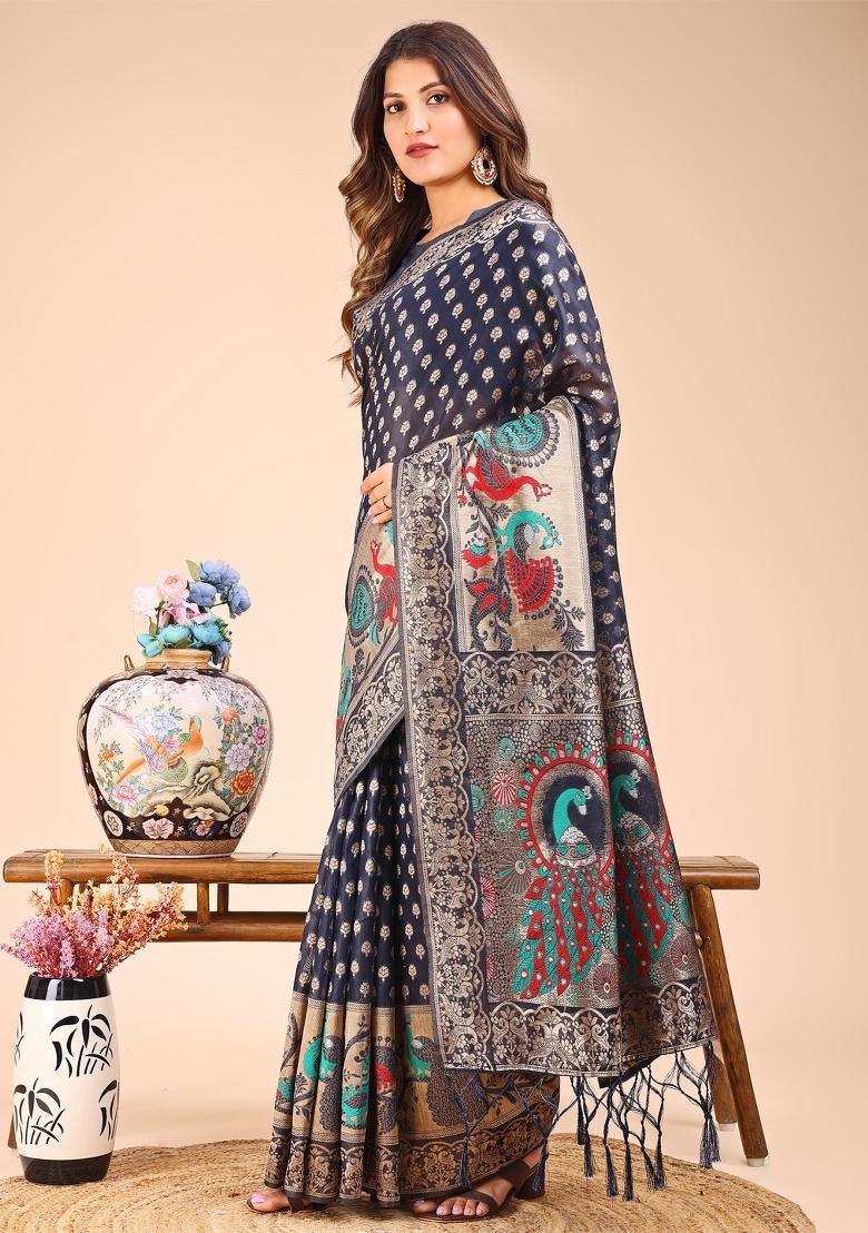 Navy Blue Woven Cotton Blend Saree Set