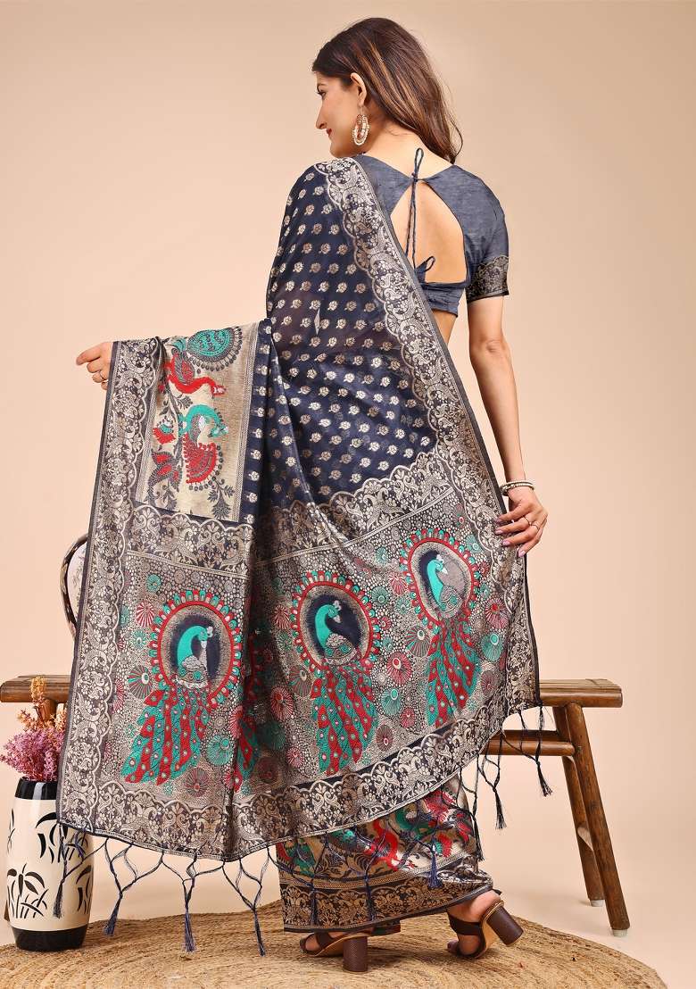 Navy Blue Woven Cotton Blend Saree Set - Indya