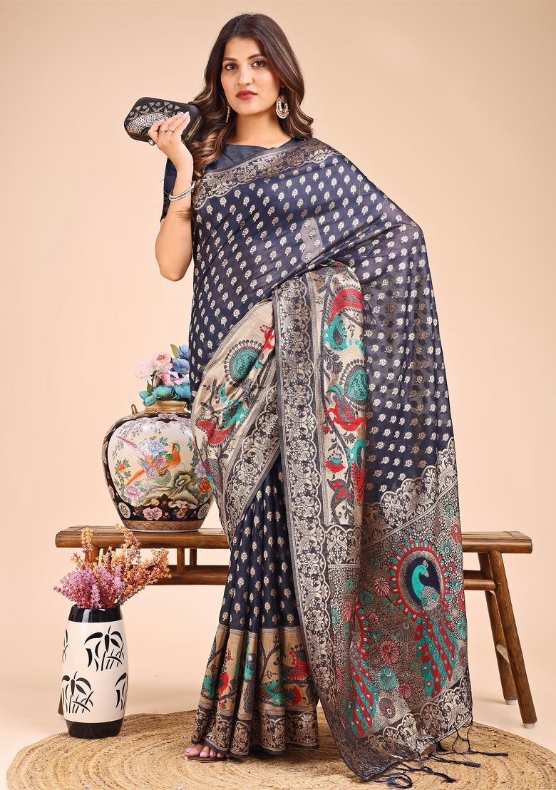 Navy Blue Woven Cotton Blend Saree Set