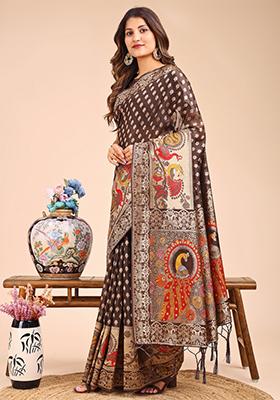 Brown Woven Cotton Blend Saree Set