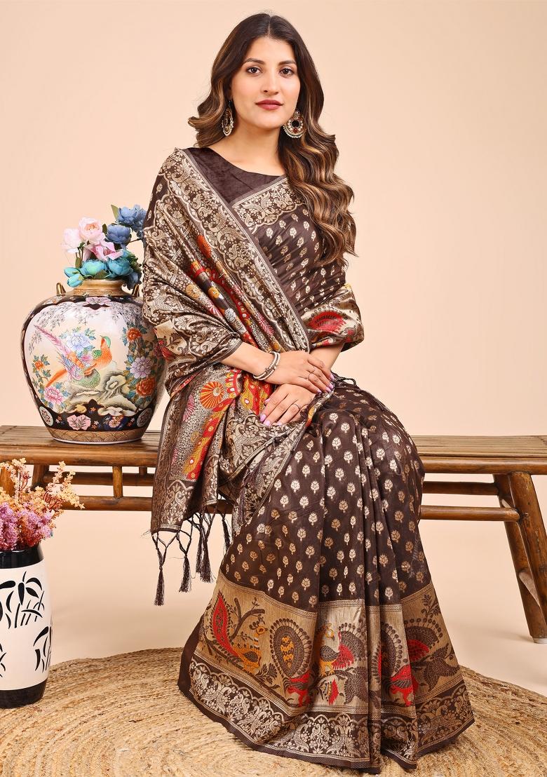 Brown Woven Cotton Blend Saree Set