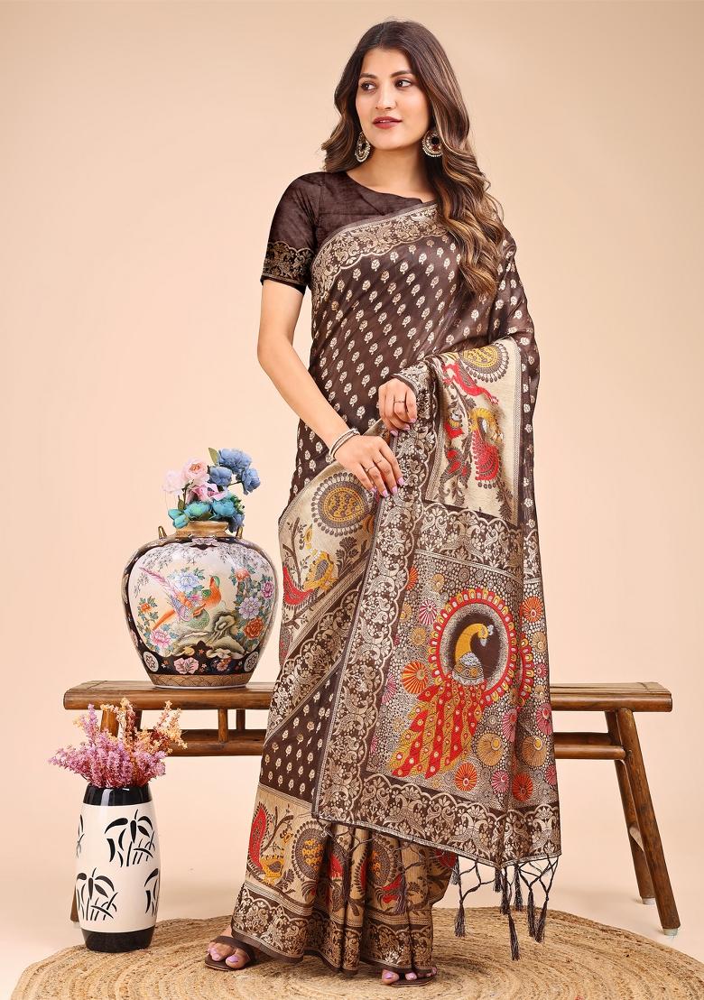 Brown Woven Cotton Blend Saree Set