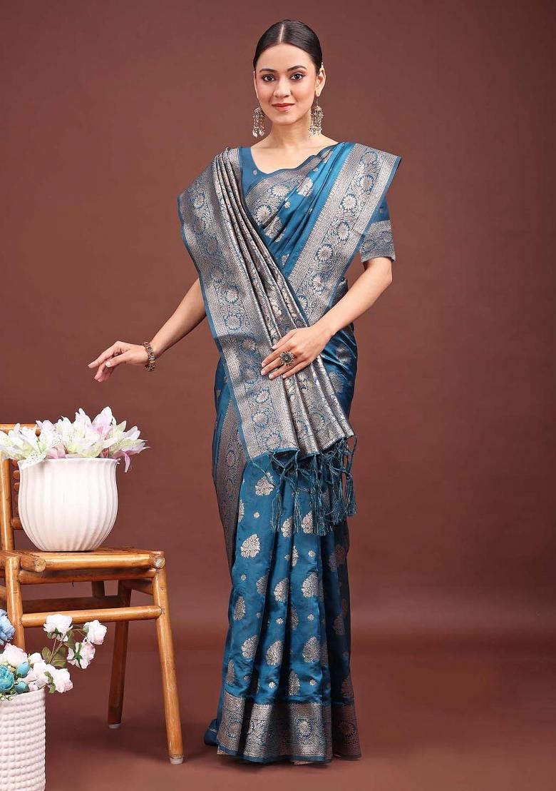 Teal Blue Zari Work Banarasi Silk Saree Set