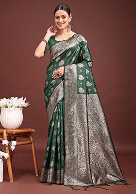 Dark Green Zari Work Banarasi Silk Saree Set