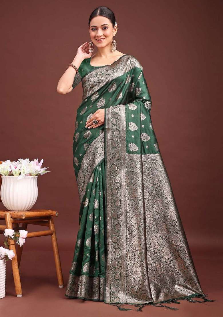 Dark Green Zari Work Banarasi Silk Saree Set - Indya
