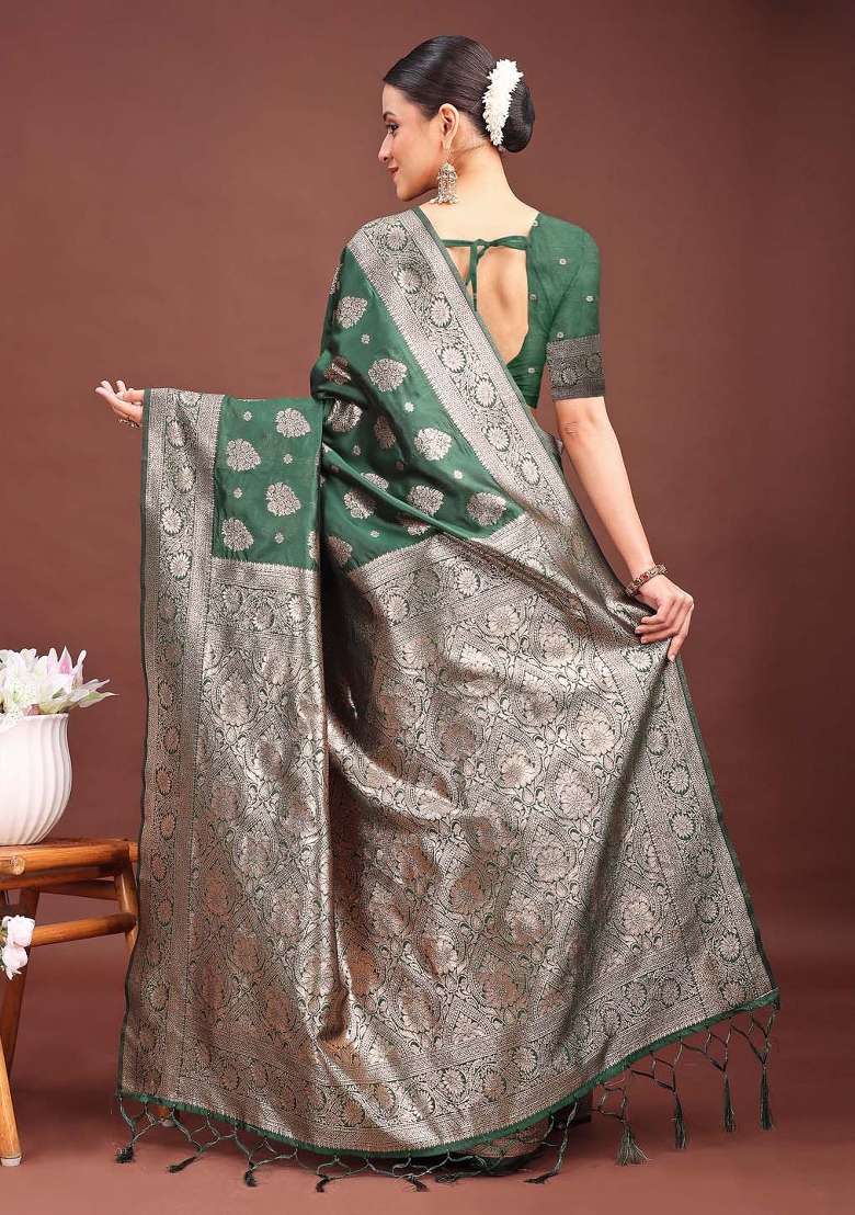 Dark Green Zari Work Banarasi Silk Saree Set - Indya