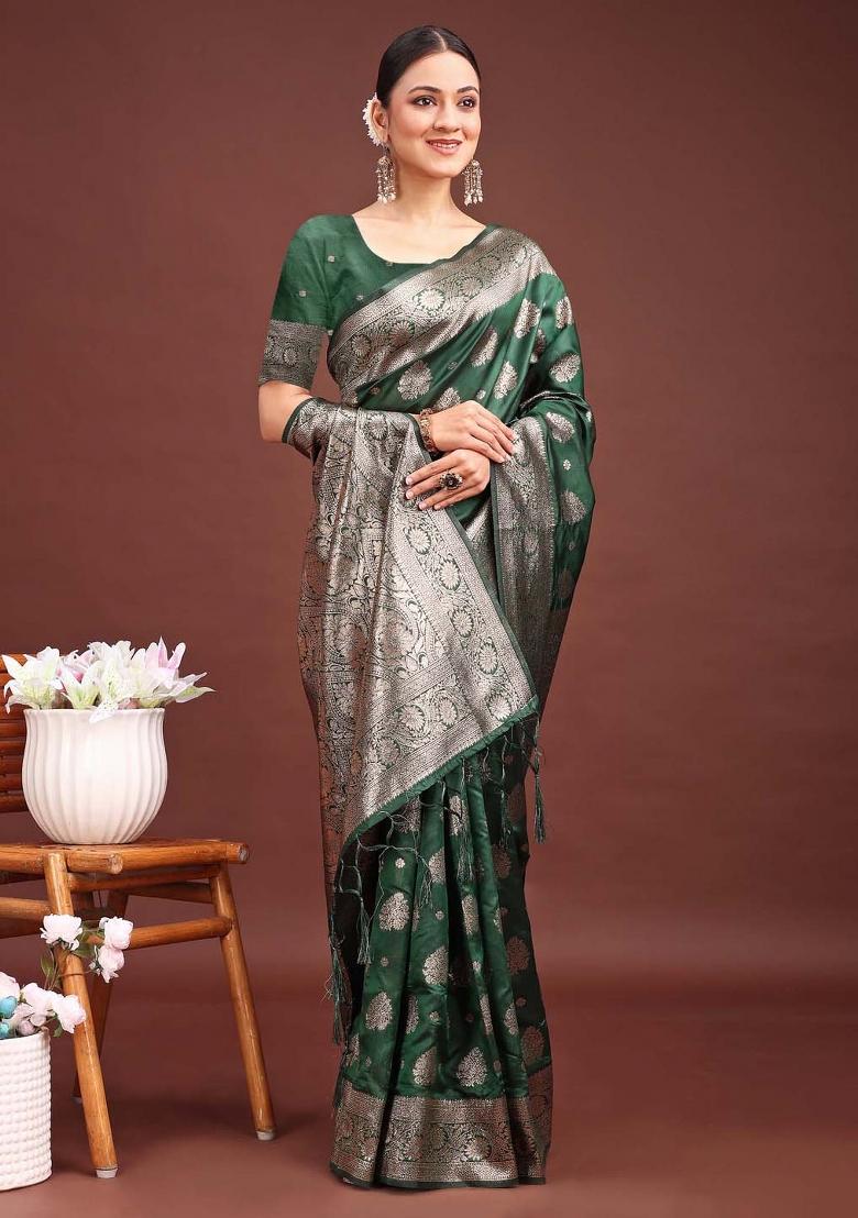 Dark Green Zari Work Banarasi Silk Saree Set