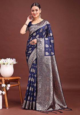 Navy Blue Zari Work Banarasi Silk Saree Set