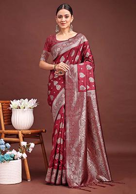 Maroon Zari Work Banarasi Silk Saree Set