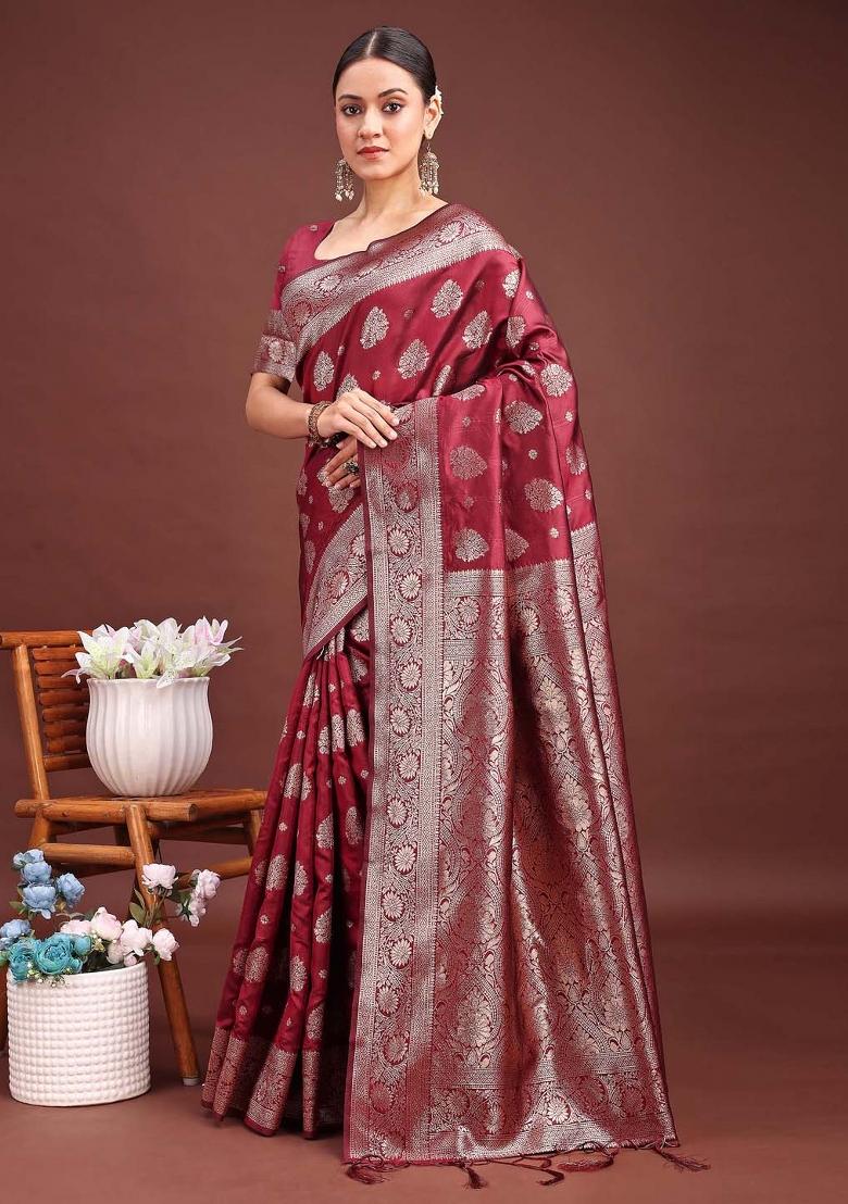 Maroon Zari Work Banarasi Silk Saree Set