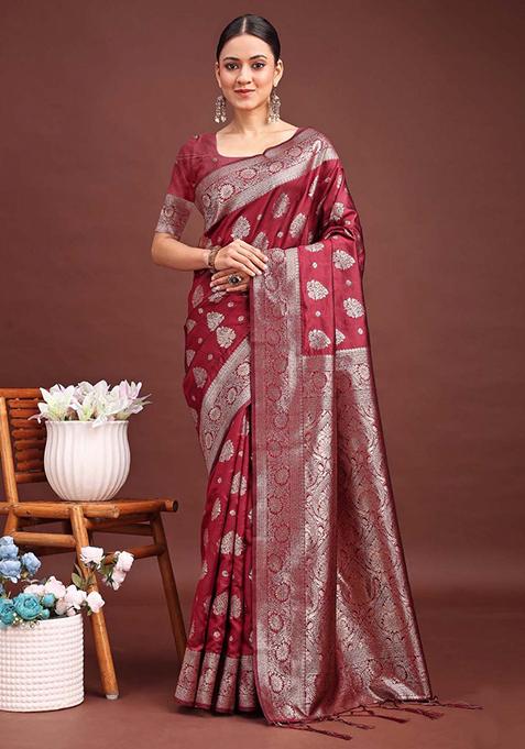 Maroon Zari Work Banarasi Silk Saree Set