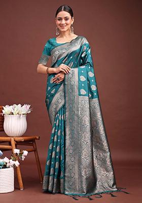 Sea Green Zari Work Banarasi Silk Saree Set