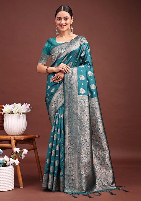 Sea Green Zari Work Banarasi Silk Saree Set