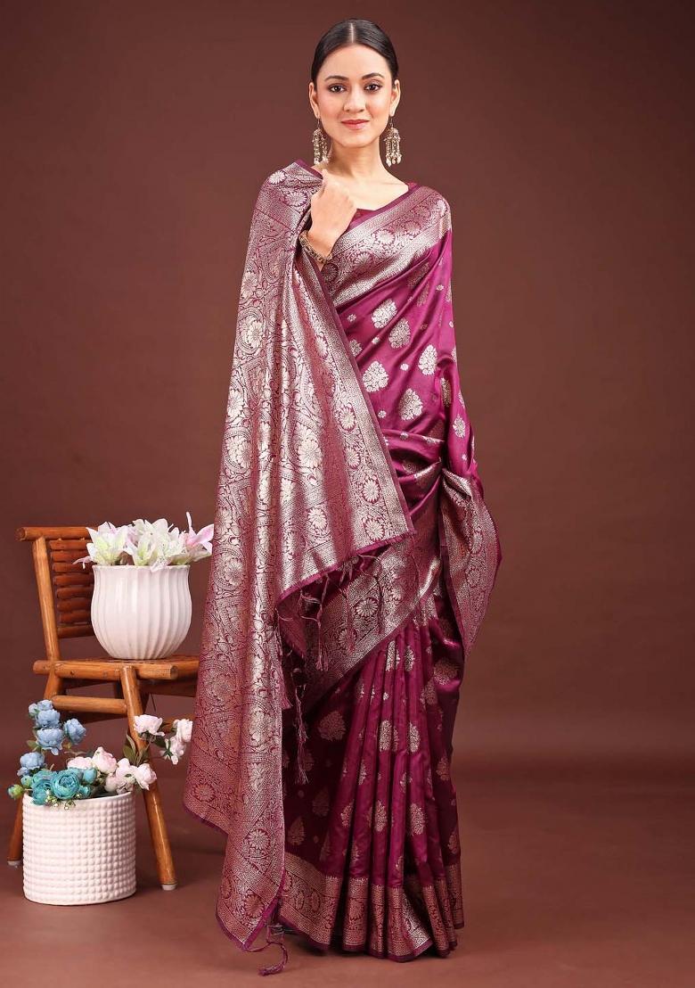 Purple Zari Work Banarasi Silk Saree Set