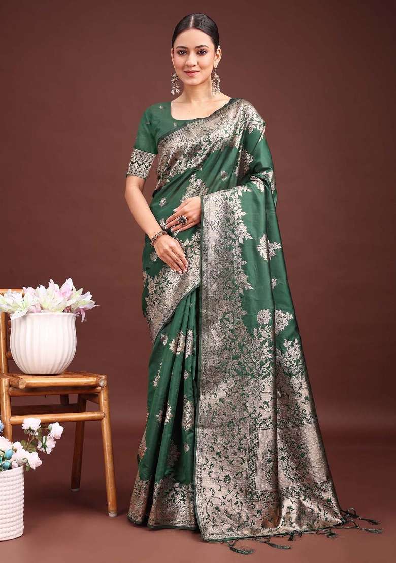 Dark Green Zari Work Banarasi Silk Saree Set - Indya