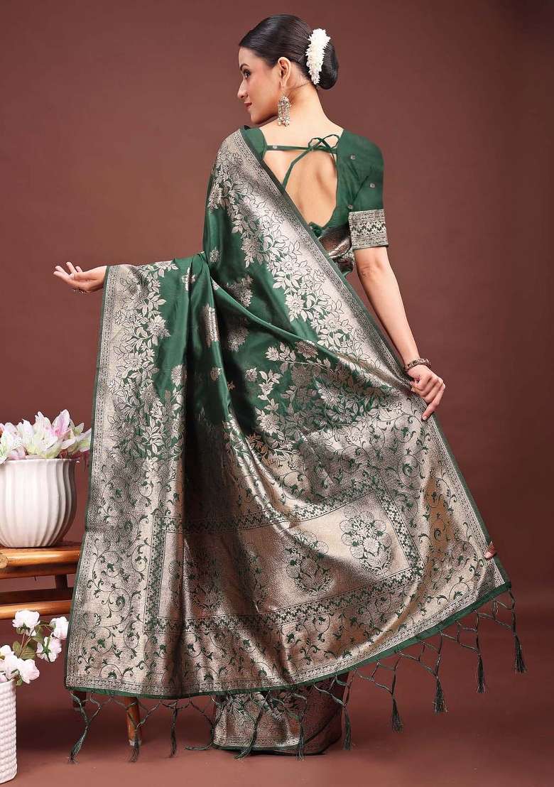 Dark Green Zari Work Banarasi Silk Saree Set - Indya