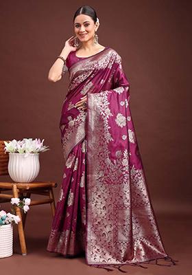 Purple Zari Work Banarasi Silk Saree Set