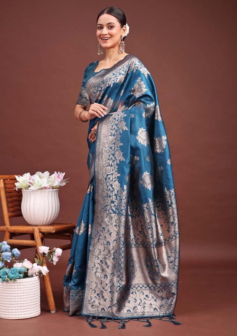 Teal Blue Zari Work Banarasi Silk Saree Set