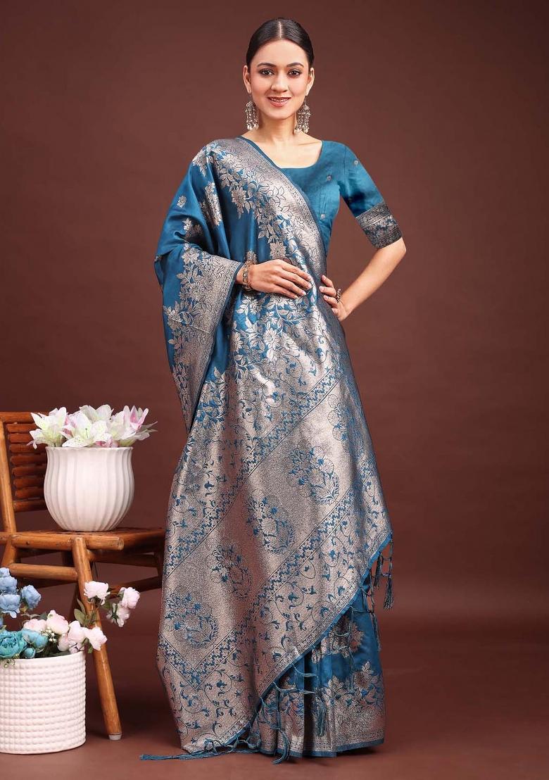 Teal Blue Zari Work Banarasi Silk Saree Set