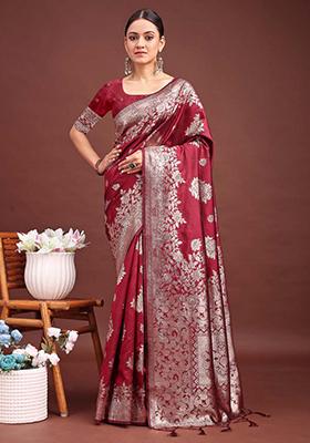 Maroon Zari Work Banarasi Silk Saree Set