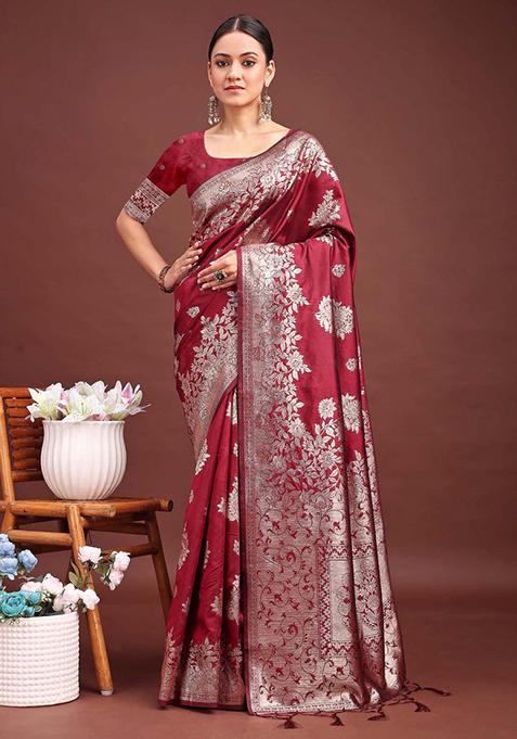 Maroon Zari Work Banarasi Silk Saree Set