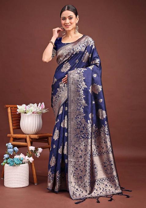 Navy Blue Zari Work Banarasi Silk Saree Set