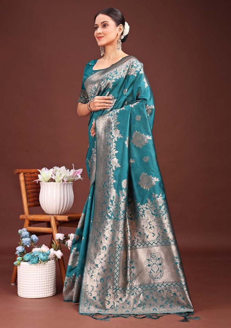 Sea Green Zari Work Banarasi Silk Saree Set