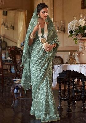 Green Printed Georgette Saree Set