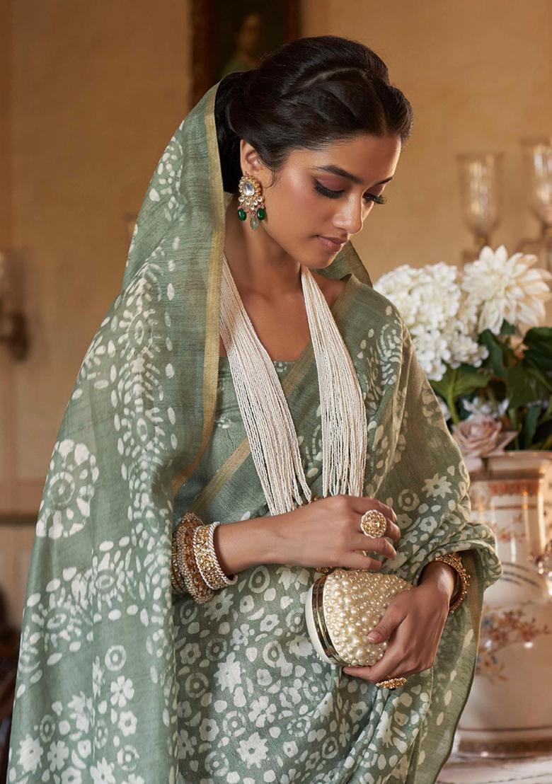 Green Printed Georgette Saree Set