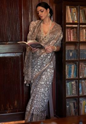 Brown Printed Georgette Saree Set