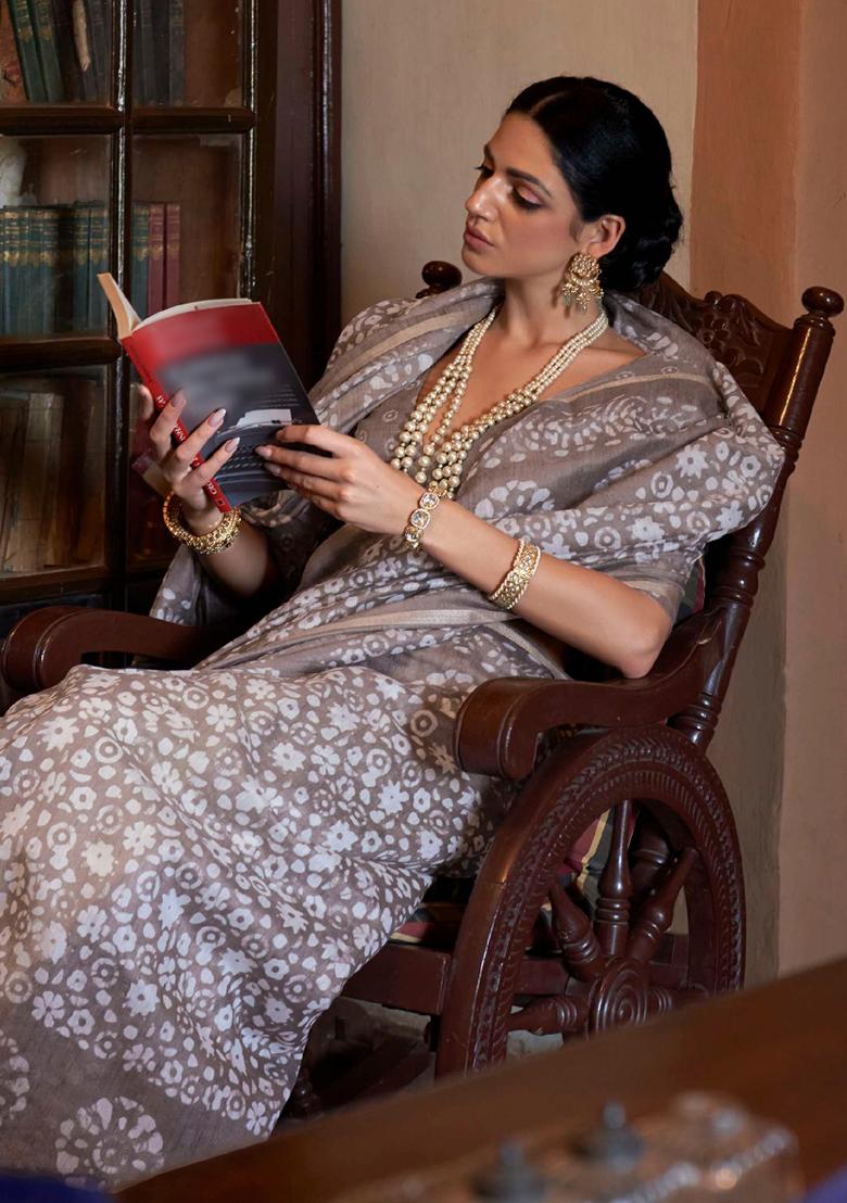 Brown Printed Georgette Saree Set