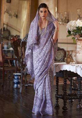 Purple Printed Georgette Saree Set