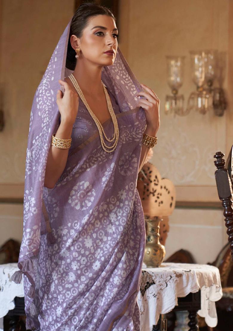 Purple Printed Georgette Saree Set