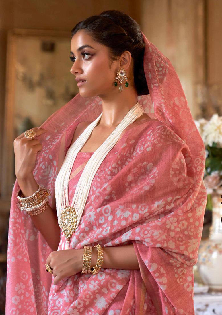 Pink Printed Georgette Saree Set