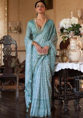 Green Printed Georgette Saree Set